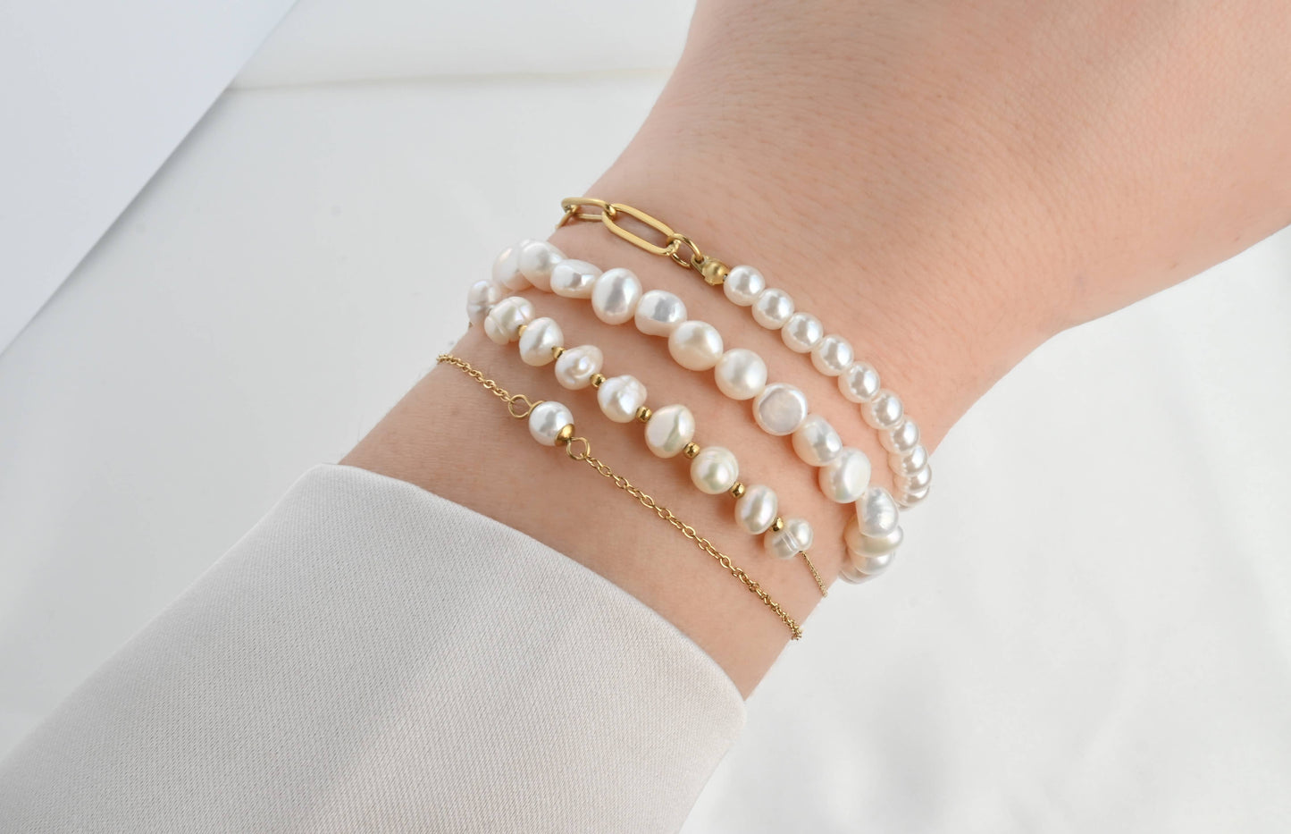 Blueyejewelry - Dainty Pearl Bracelets - 18k Gold Pearl Chain Bracelets: C. Full Pearl