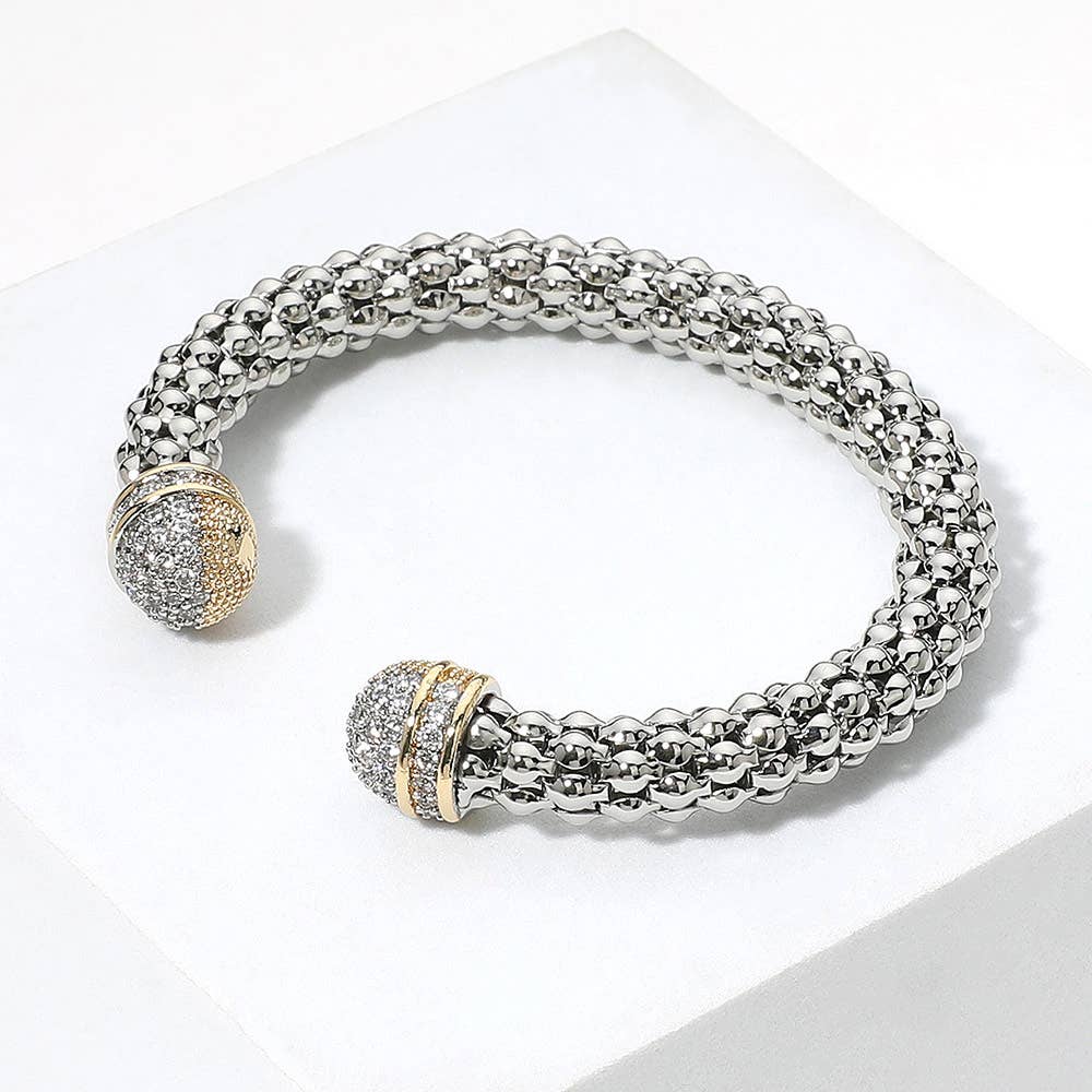 Sensibling Corp. - Two Tone CZ Stone Paved Tip Textured Cuff Bracelet