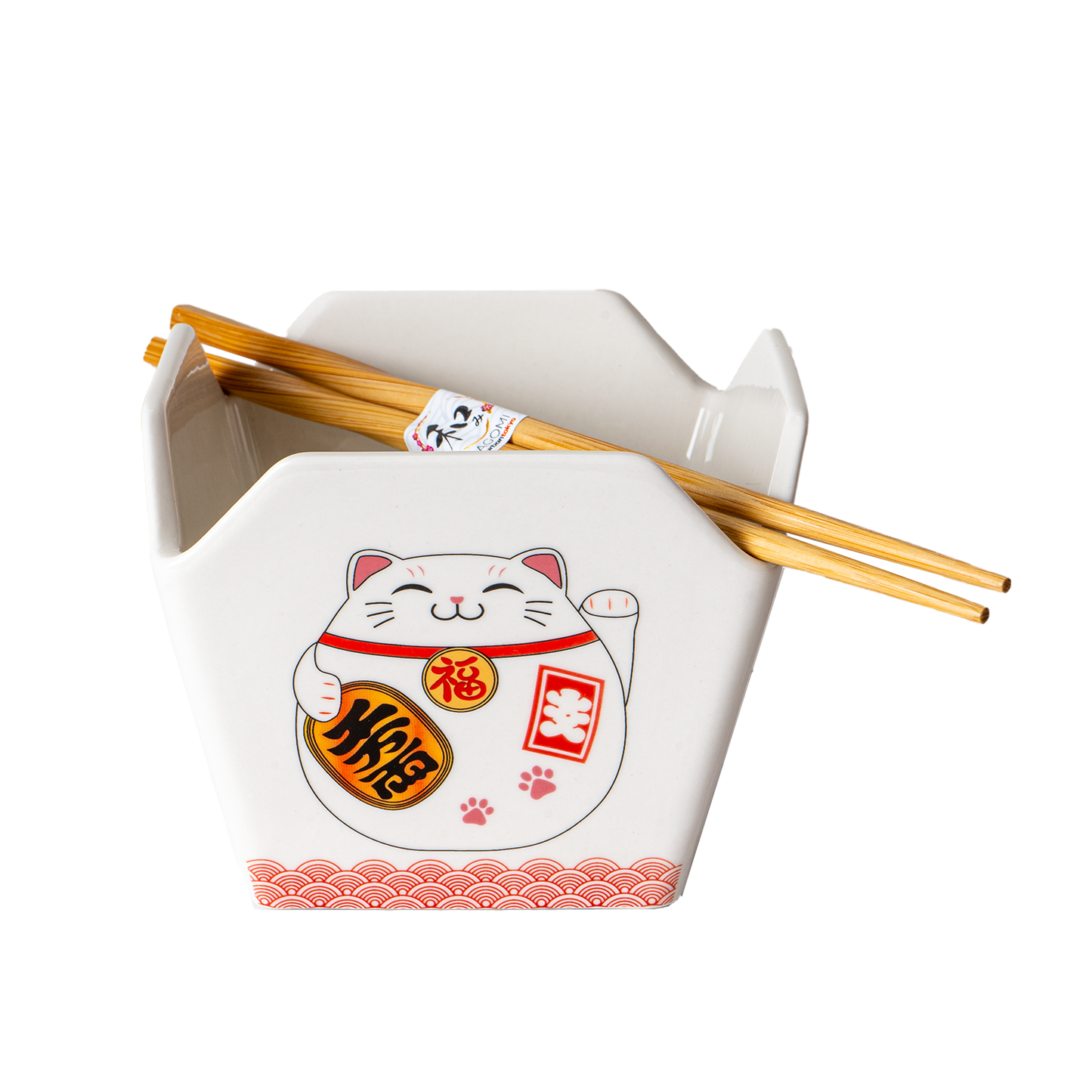 Urban Tokyo - 16oz 5"W x 4"H Takeout Box Serving Bowl With Chopsticks Lucky Cat (1/24)
