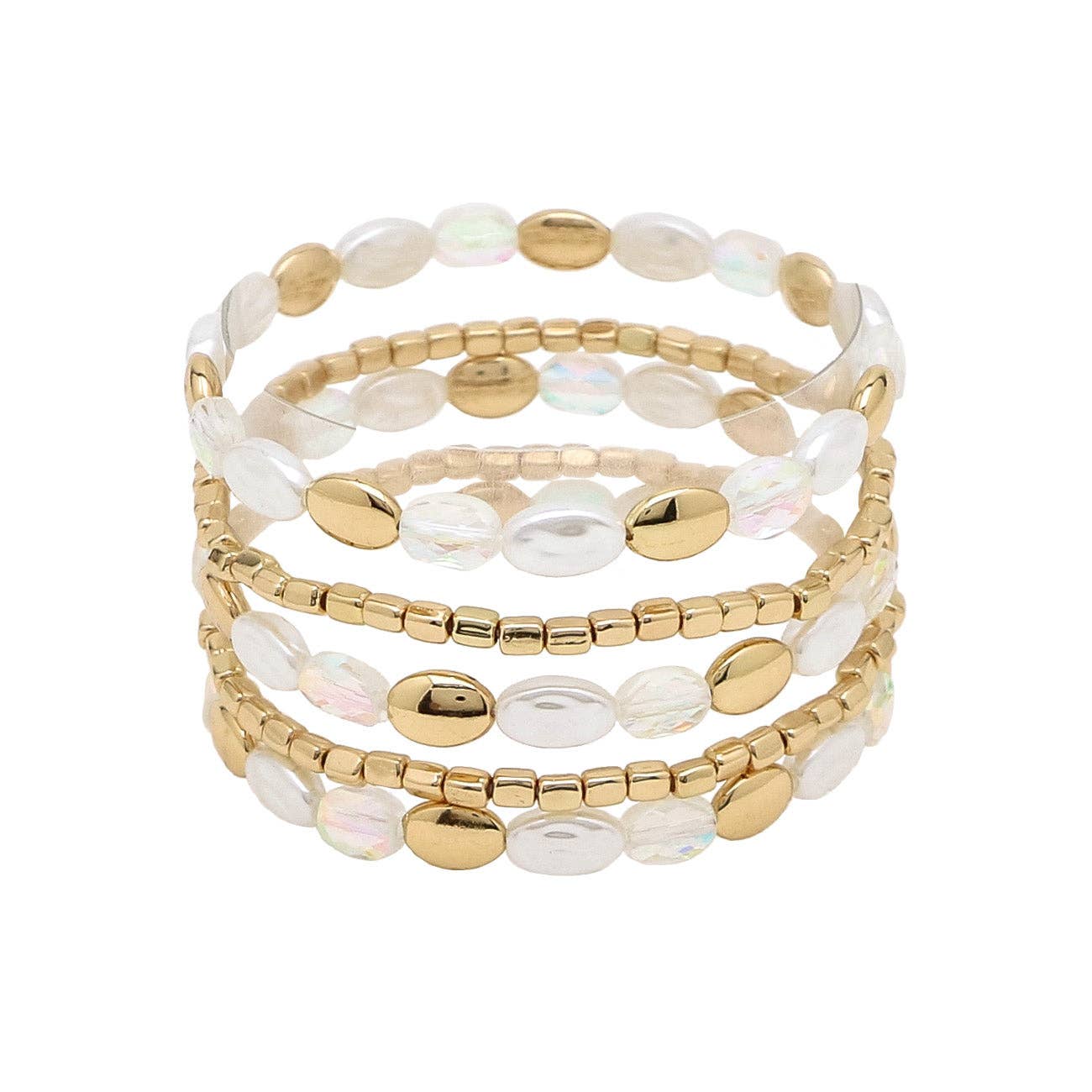 What's Hot - White, Pearl, and Gold Beaded Set of 5 Stretch Bracelets