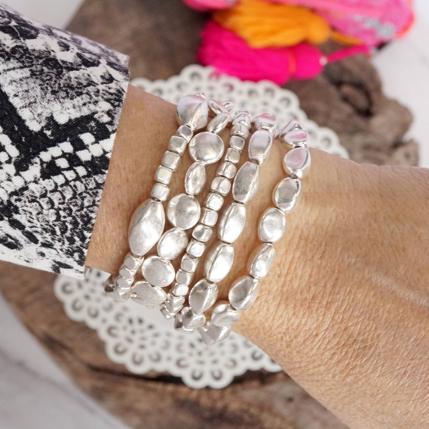 PennyLine inc - Boho Gold and silver Beaded Bracelets stack of 5: Worn Silver Tone