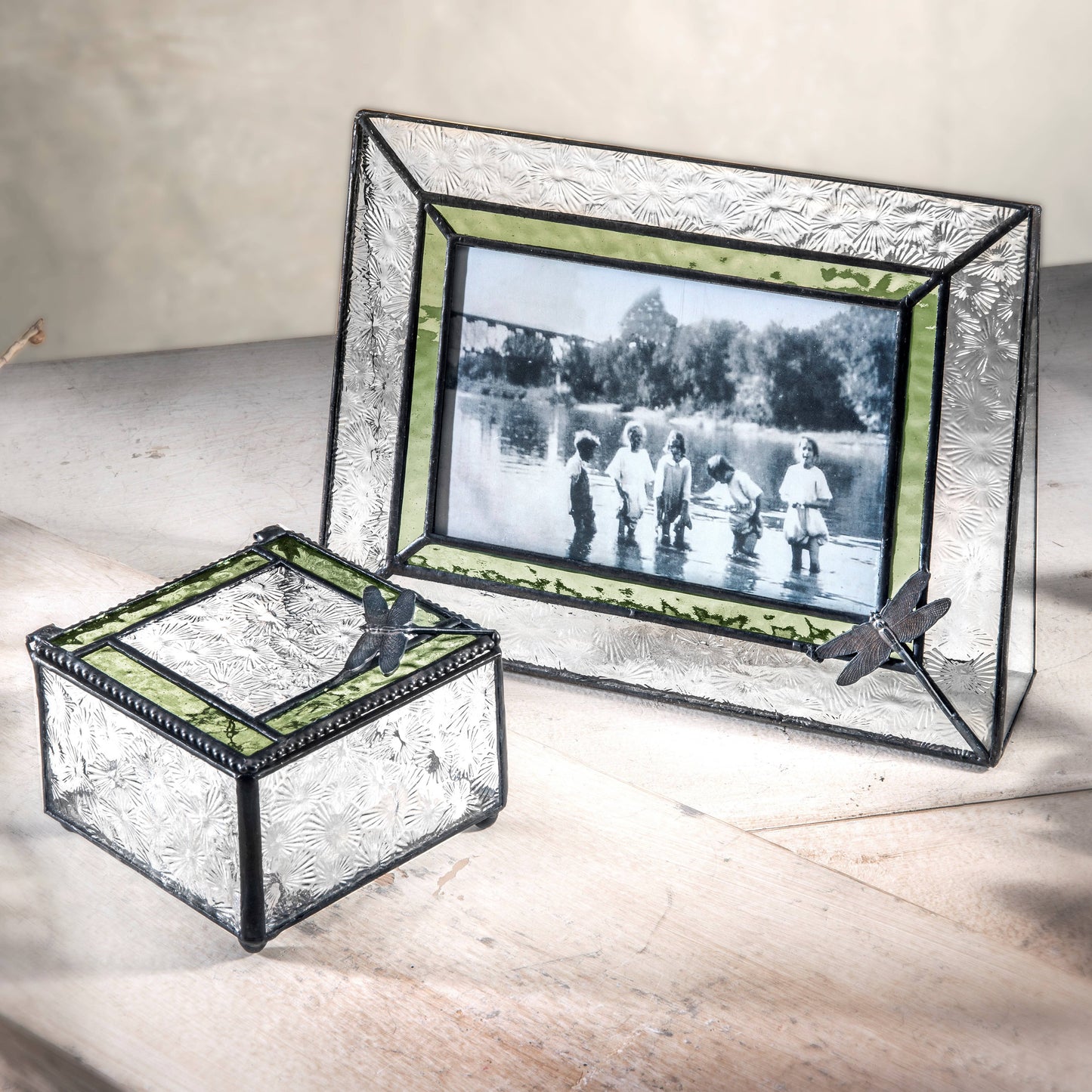 J Devlin Glass Art & Bert Anderson Collection - Green & Clear Stained Glass Dragonfly Keepsake Box 141