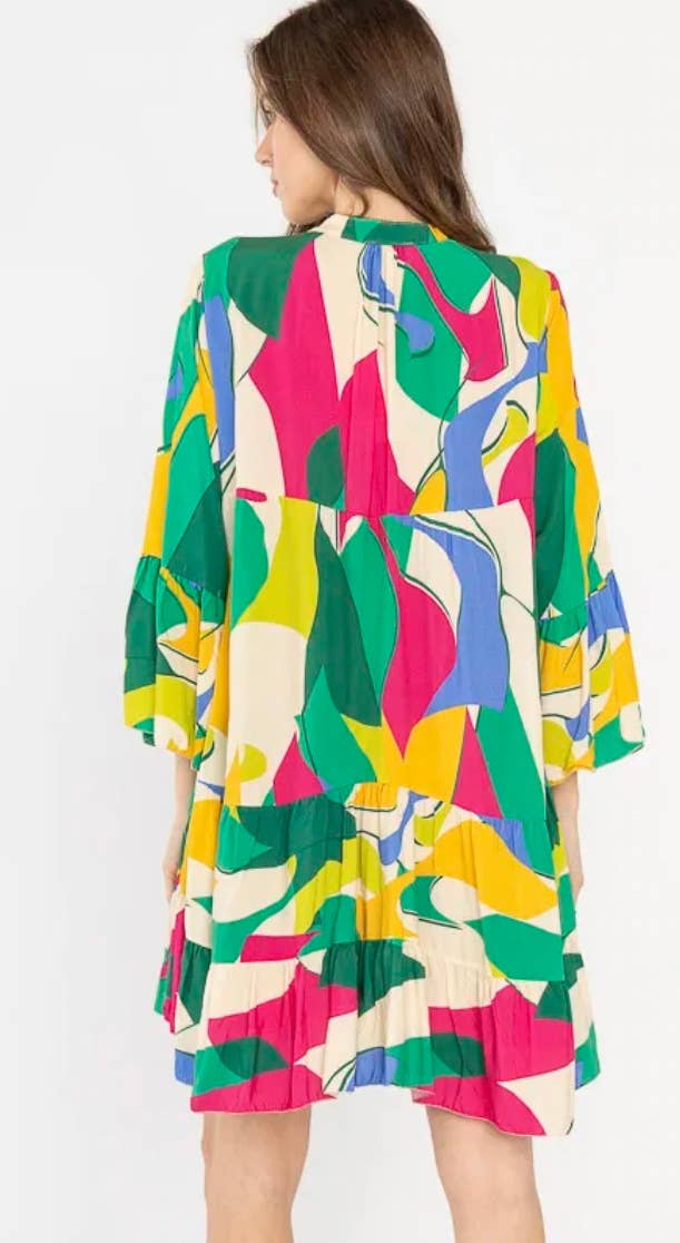 LOOWIE - 9802-3 Green One Size Italian Geometric Short Printed Dress