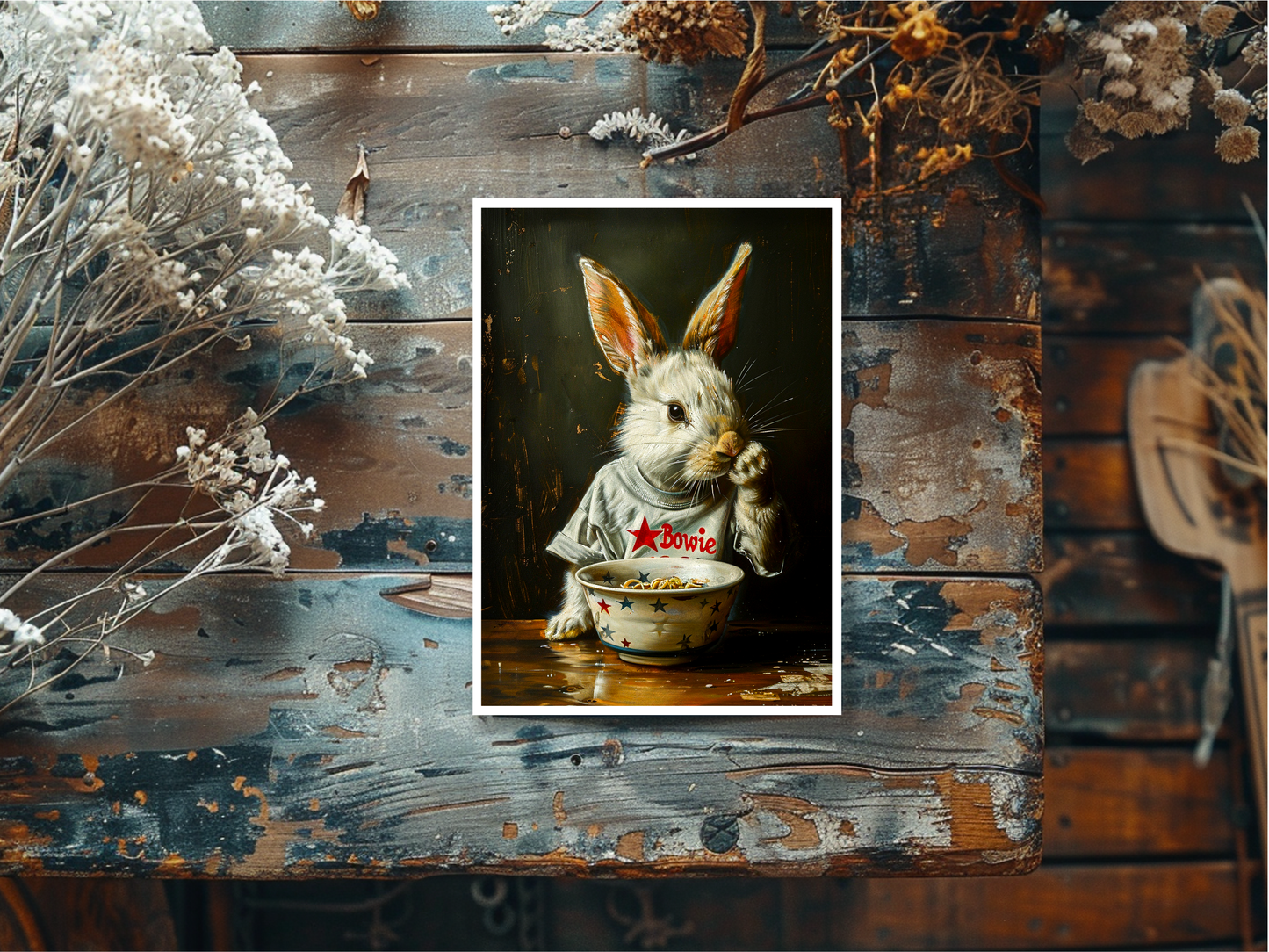 Salty Alyce - Bowie Shirt Rabbit Eating Ramen Noodles Blank Card 108AS