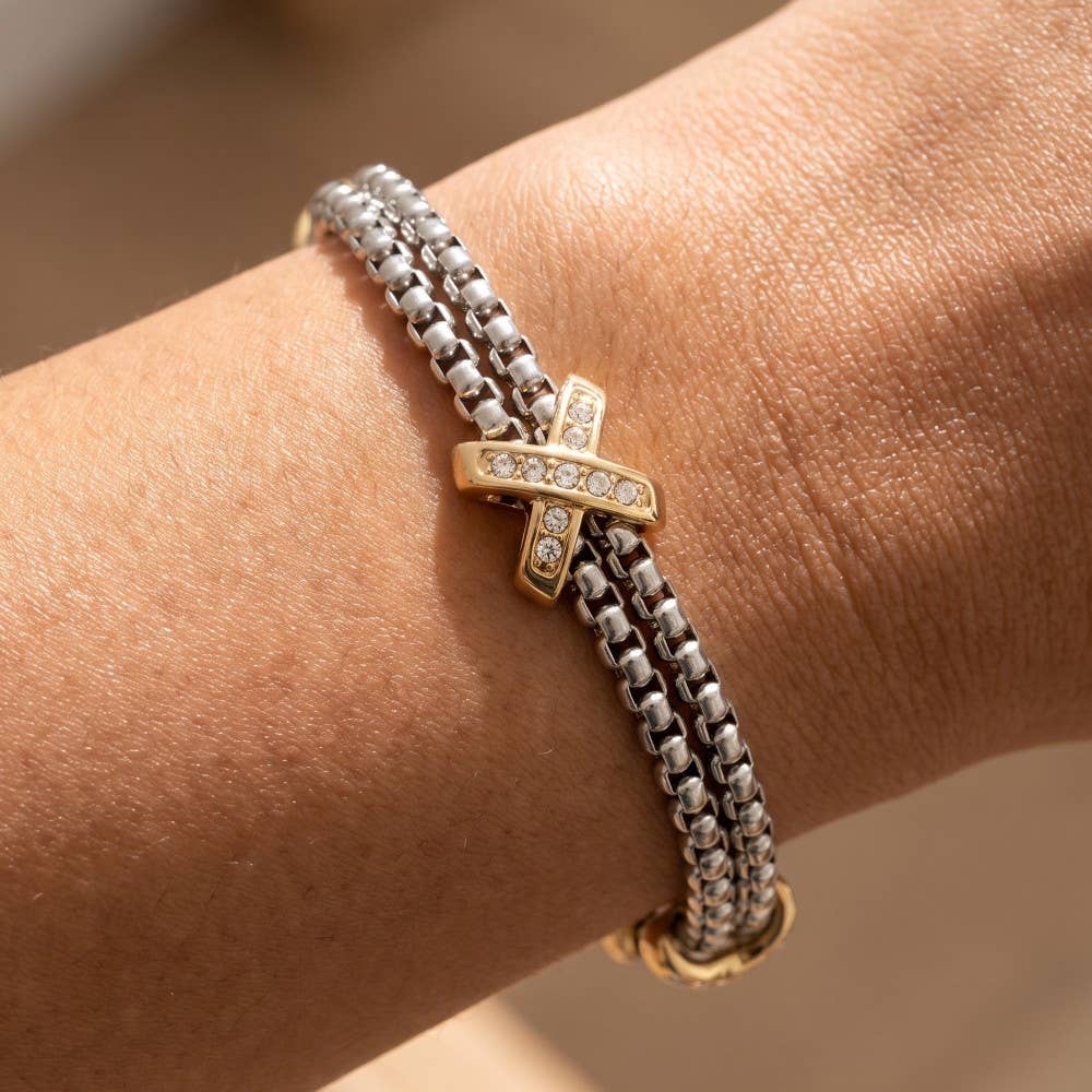 The Looks by Fame Accessories - 2 Tone Gold Plated Cz Pave Double Rope Chain Bracelet: T