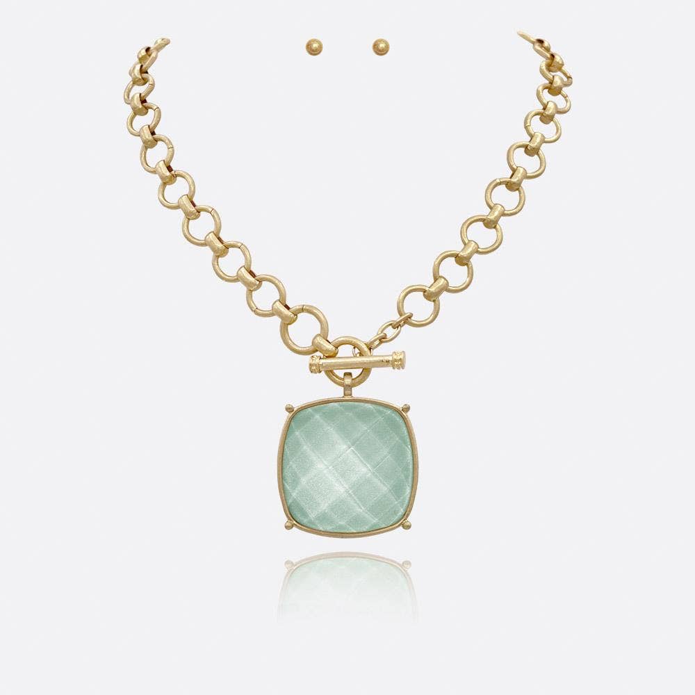 anbfashion - SQUARE STONE PENDANT CHAIN NECKLACE EARRING SET: APRC