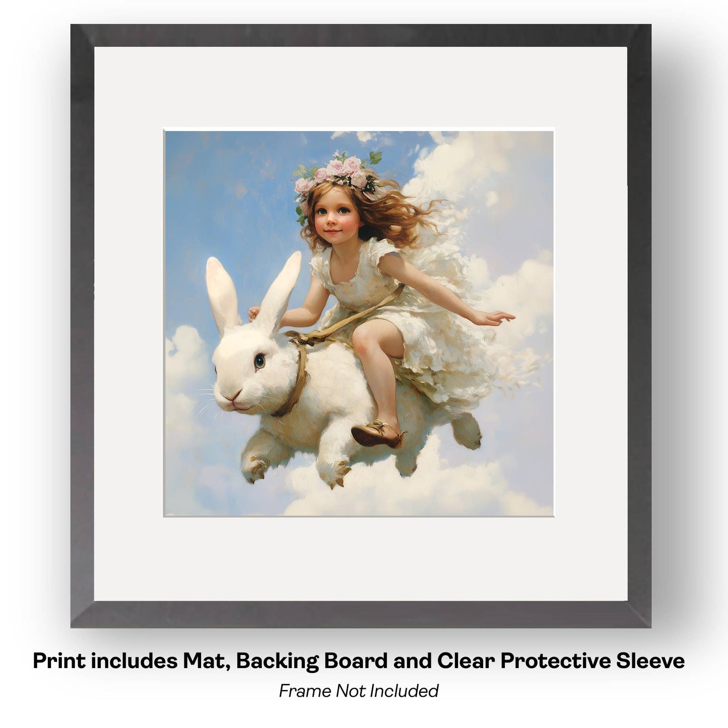 Mowbi - Fairy Riding a Hummingbird - Fairy Art Prints – 8″x8″ Artwork in 12″x12″ Mat