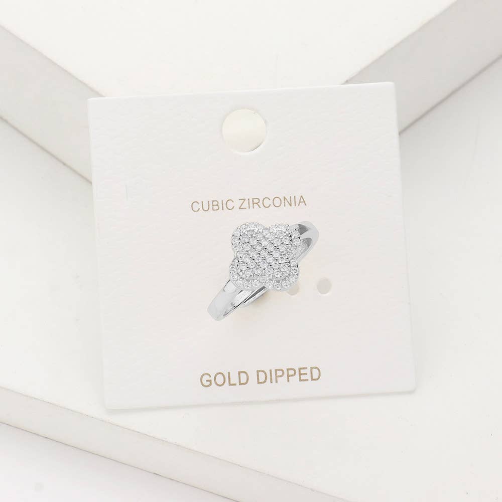 Sensibling Corp. - Gold Dipped CZ Stone Paved Quatrefoil Adjustable Ring: Clear,Gold