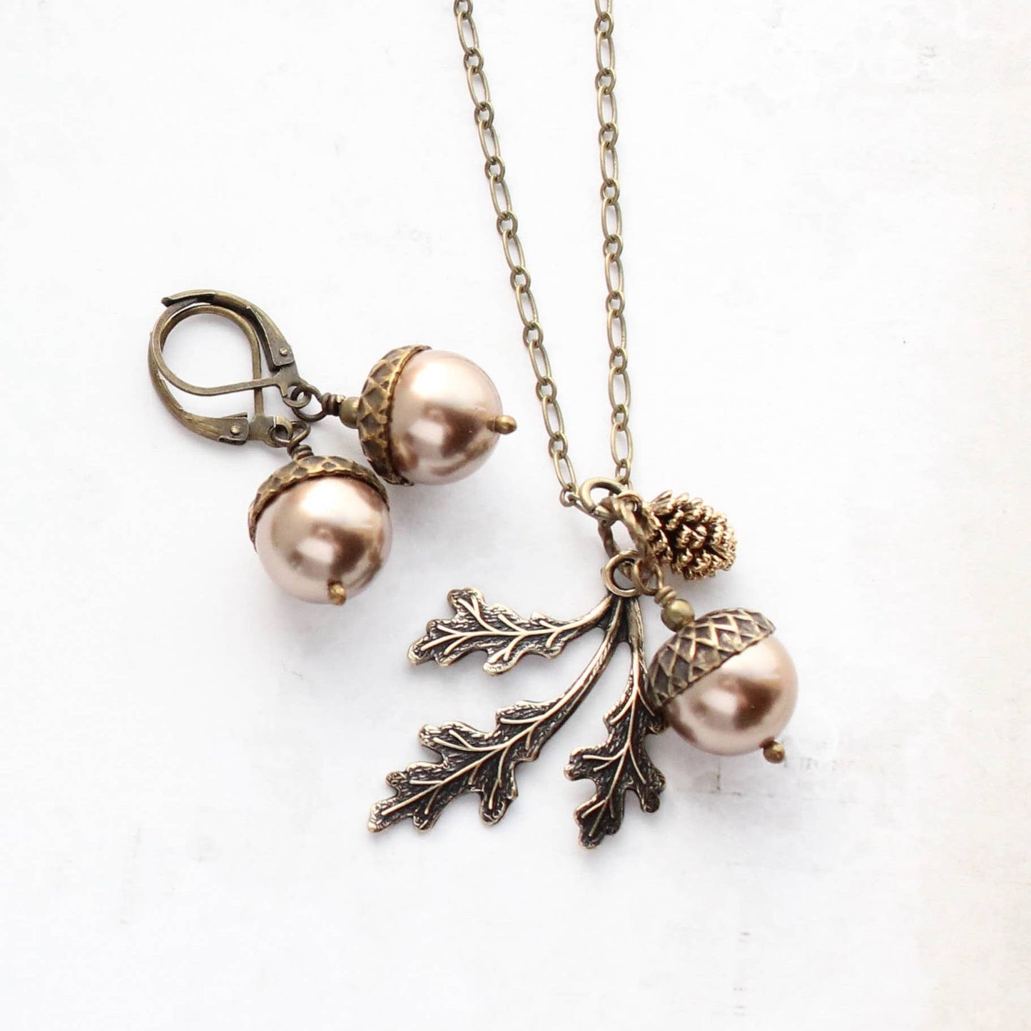 A Pocket of Posies - Brown Acorn Necklace - - ANTIQUED BRASS: 3. Ivory Cream / 18 inches