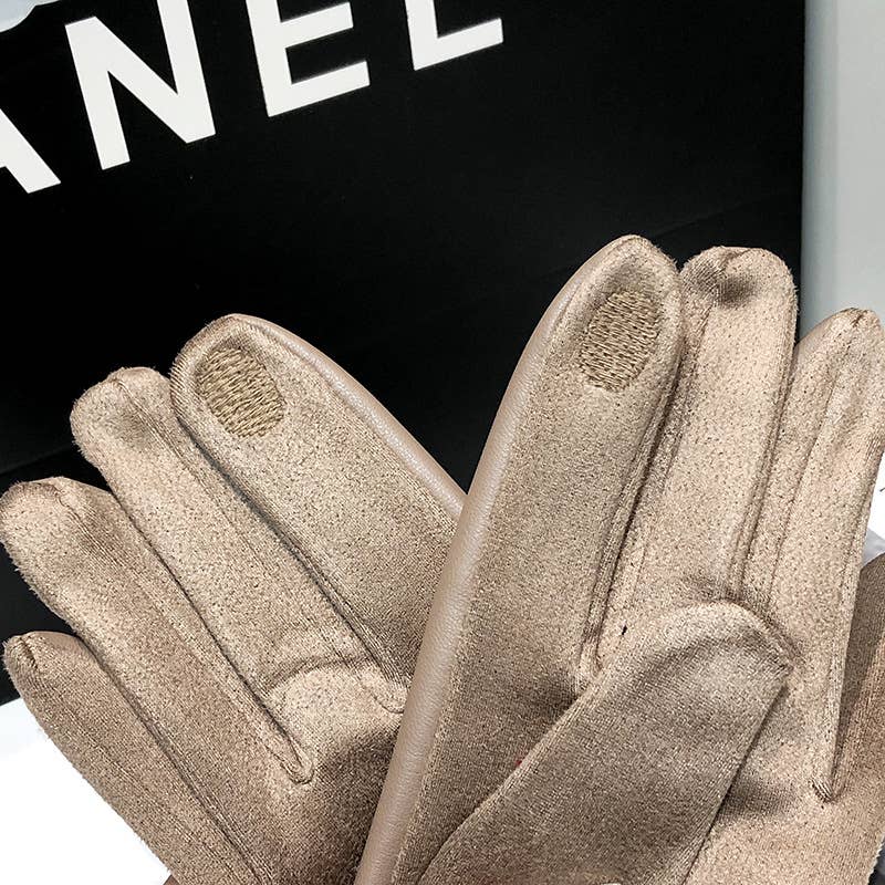 PEACH ACCESSORIES - LG004 Classic Elegance PU Leather Gloves with Shiny Buckle: Beige
