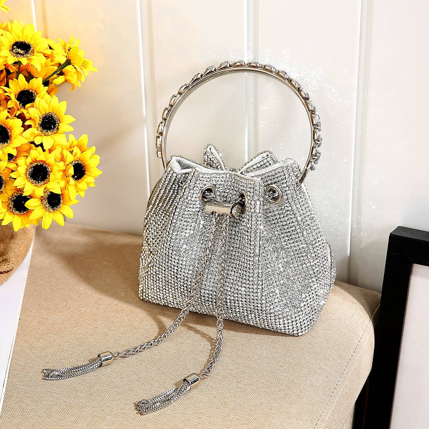 PEACH ACCESSORIES - 6641 crystal bucket bag with crystal handle: Gold