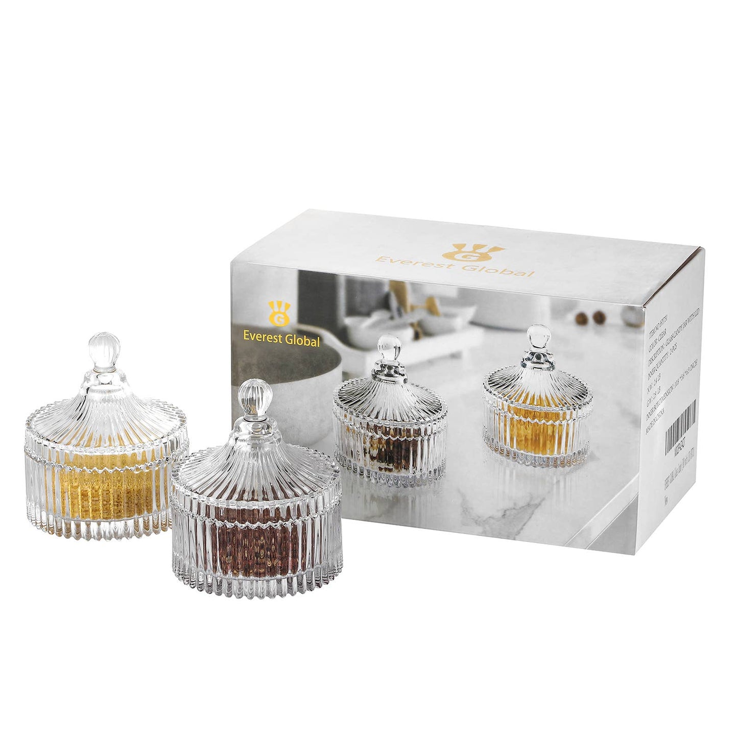 Everest Global - Crystal Clear Castle Glass Candy Jar with Lid set of 2: Ø4.1" x 4.7" H