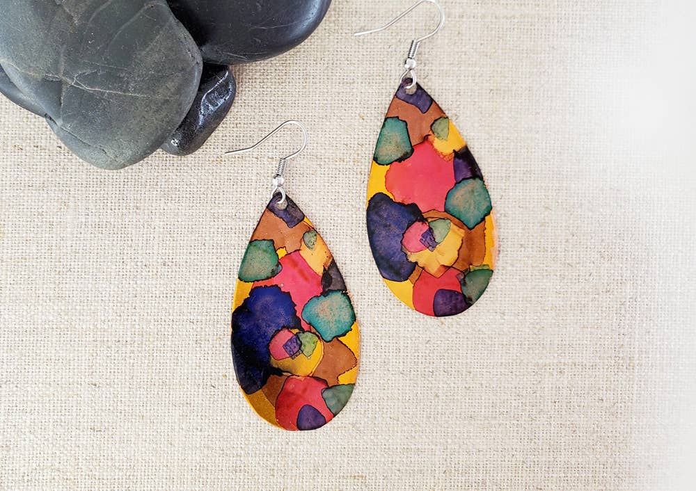 Covaly Artisan Jewelry - Alcohol Ink Large Teardrop Earrings: Reds