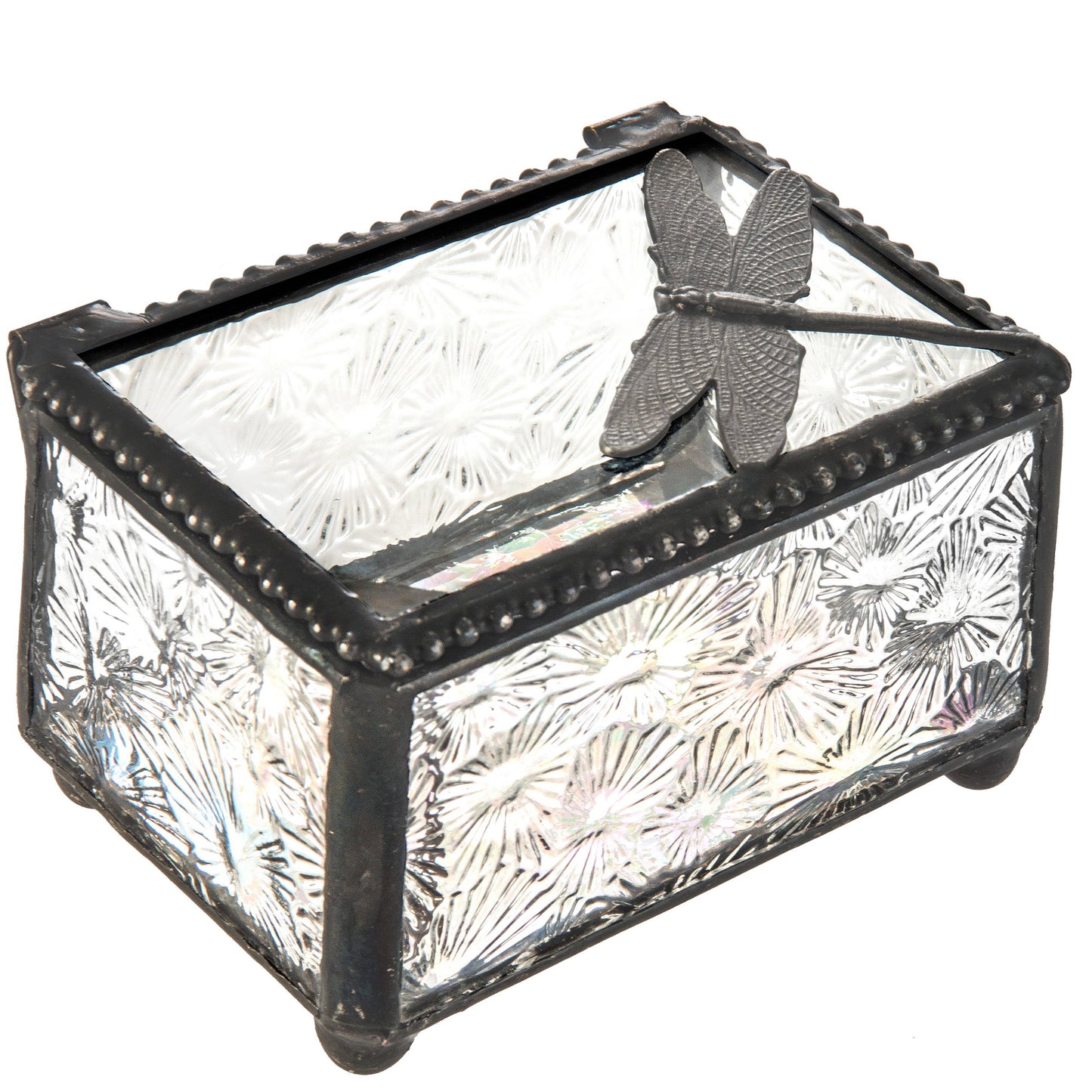 J Devlin Glass Art & Bert Anderson Collection - Clear Vintage Stained Glass Dragonfly Trinket Box Box 291
