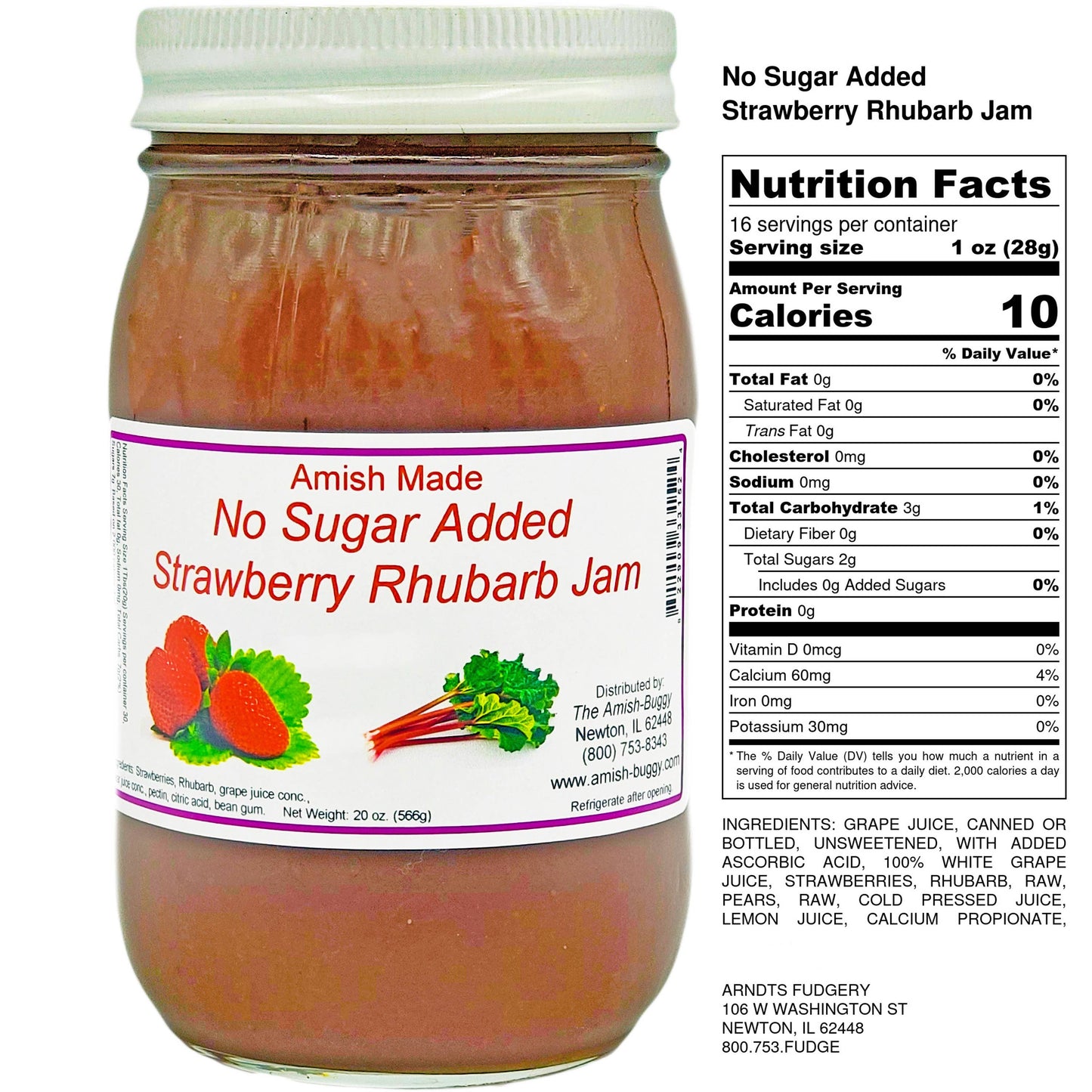 Arndt's Fudgery LLC - All Natural No Sugar Added Amish Made 16 oz. Jam: Strawberry