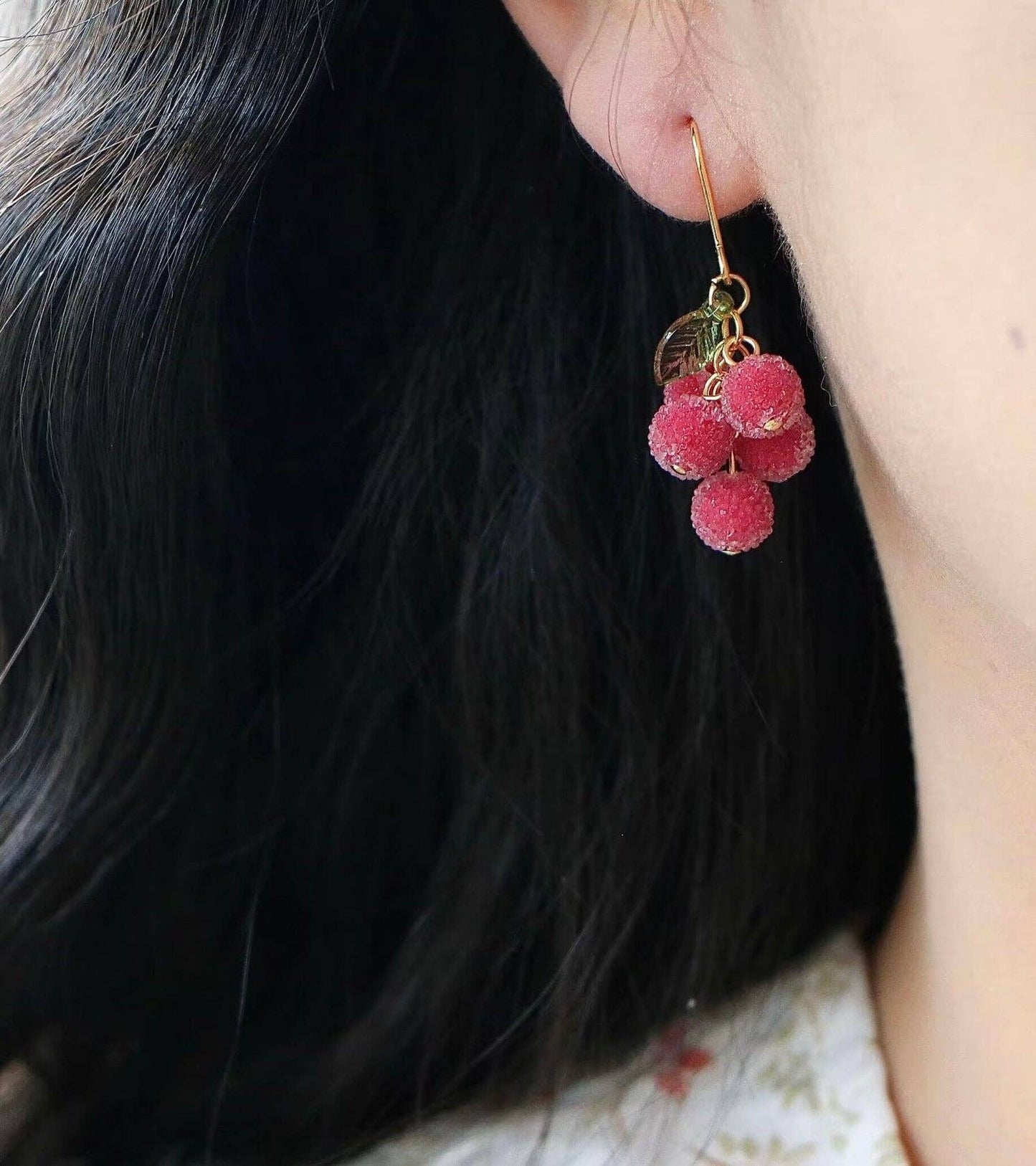 Haengseongworkshop - 18K Gold Plated 5mm Pink Chinese Bayberry Dangle Hook Earrings