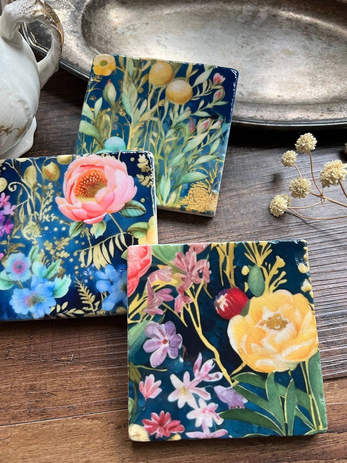 The Painted Lily - Watercolor Garden Midnight stone coasters - case of 6