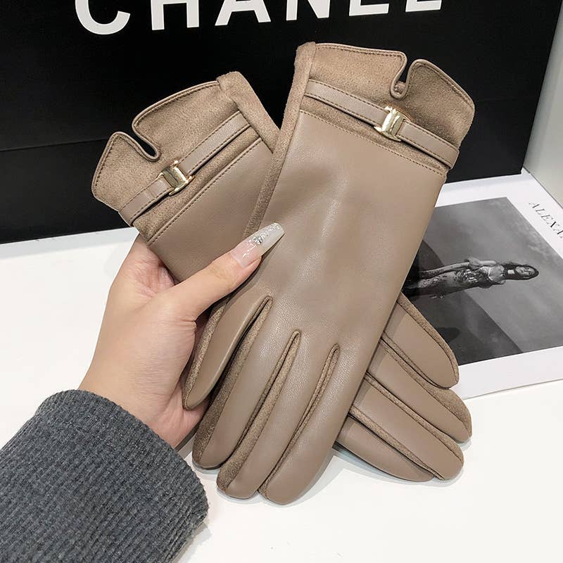 PEACH ACCESSORIES - LG004 Classic Elegance PU Leather Gloves with Shiny Buckle: Beige