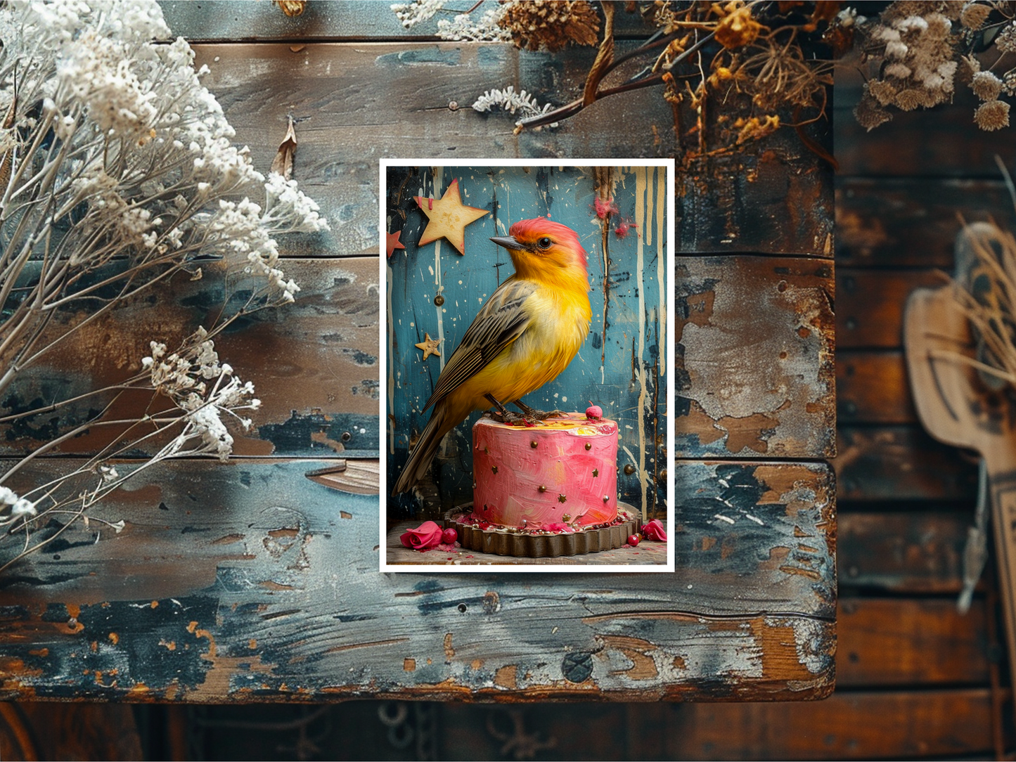 Salty Alyce - Yellow Bird Sitting On Pink Cake Blank Card 97AS