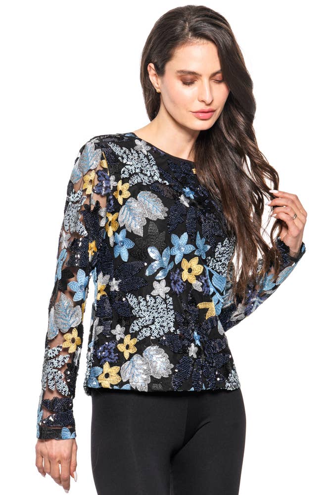 Adore - L3698-1 - Floral Sequin Mesh Top: XL