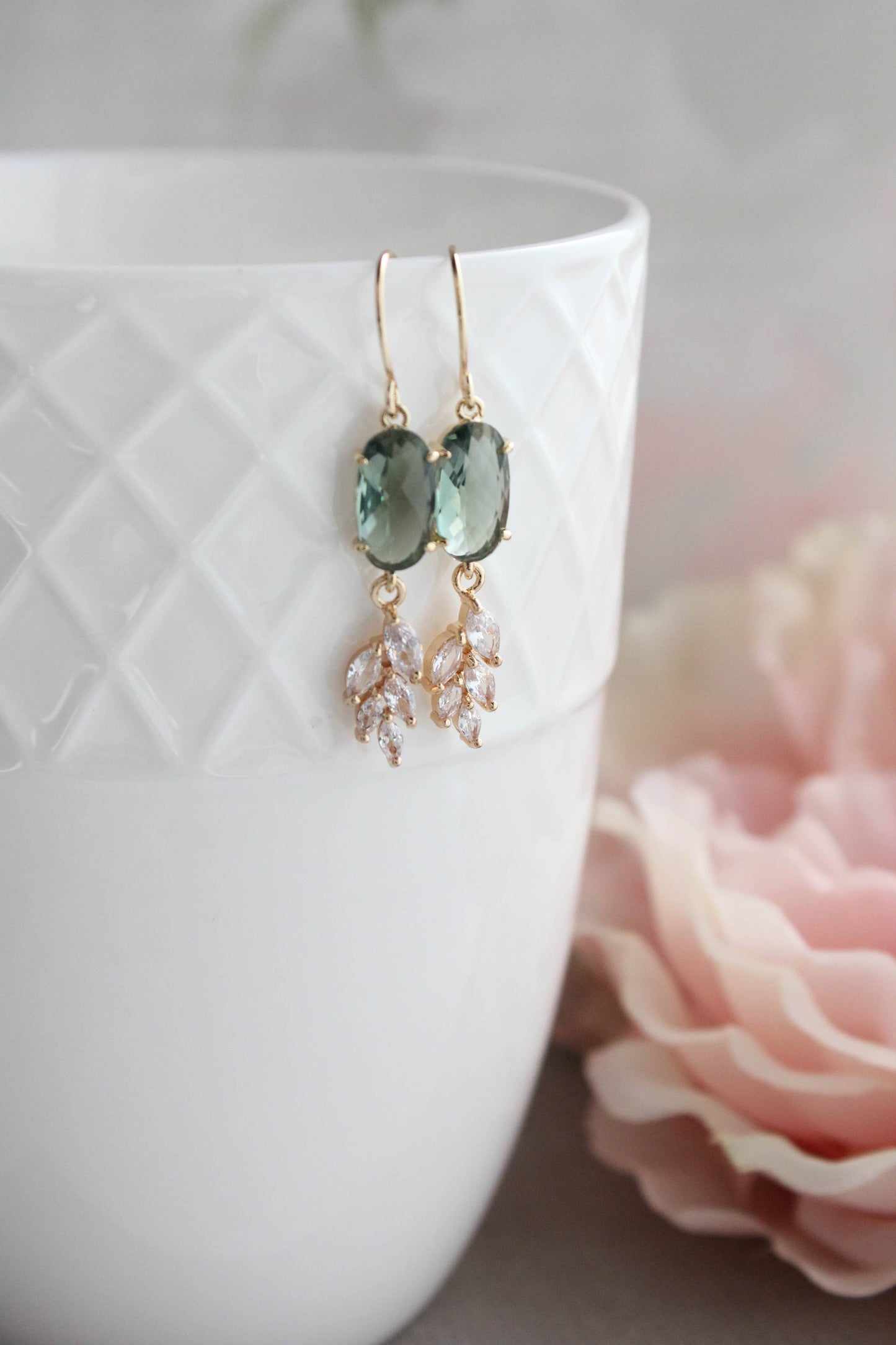 A Pocket of Posies - Sparkling Crystal Earrings | Leaf Earring | Bridal Earrings: Erinite Green