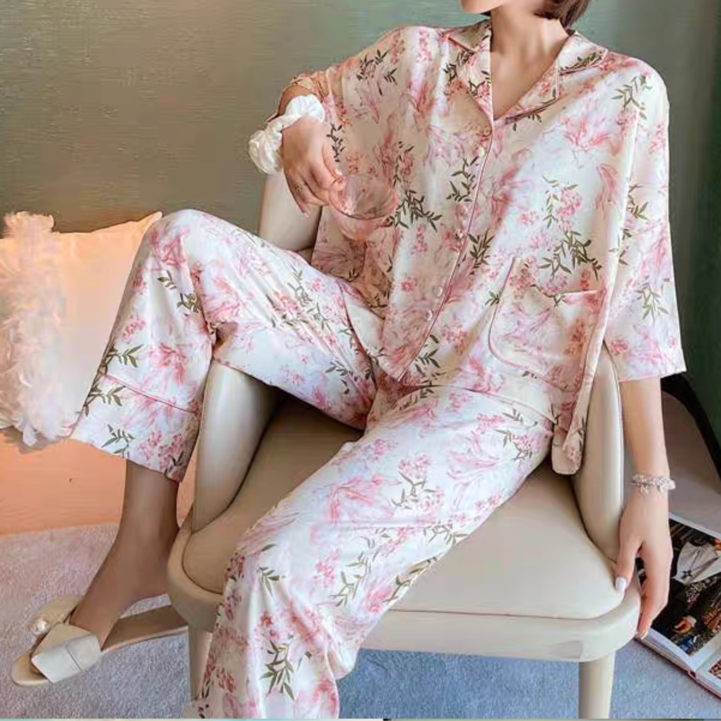 DrifWoo - Floral Satin Pajama Set – Premium Ice Silk Feel with Pockets: XS