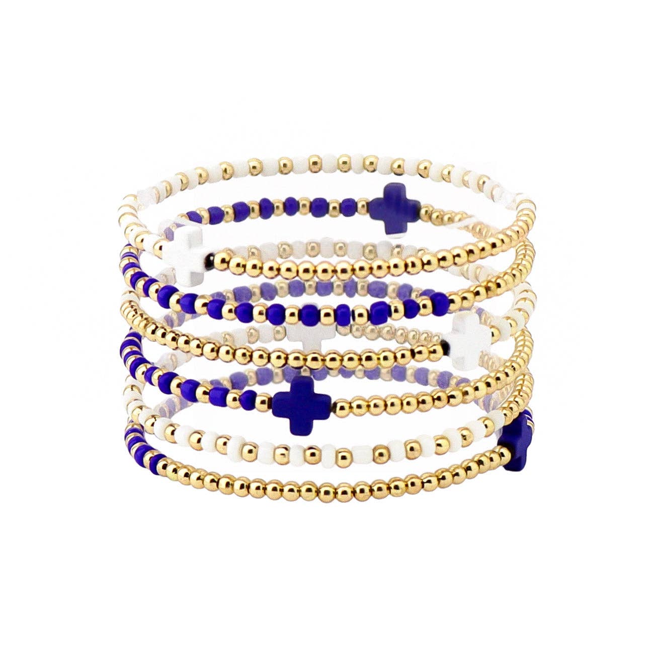 What's Hot - Gameday Set of 6 Blue and White Beaded Stretch Bracelets, Very Popular!