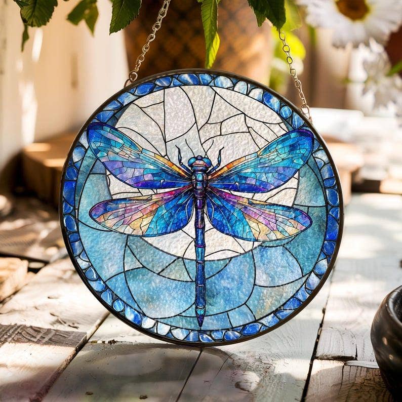 NVC Ecommerce LLC - Dragonfly Stained Glass Suncatcher, Garden Window Hanging: 11.8in