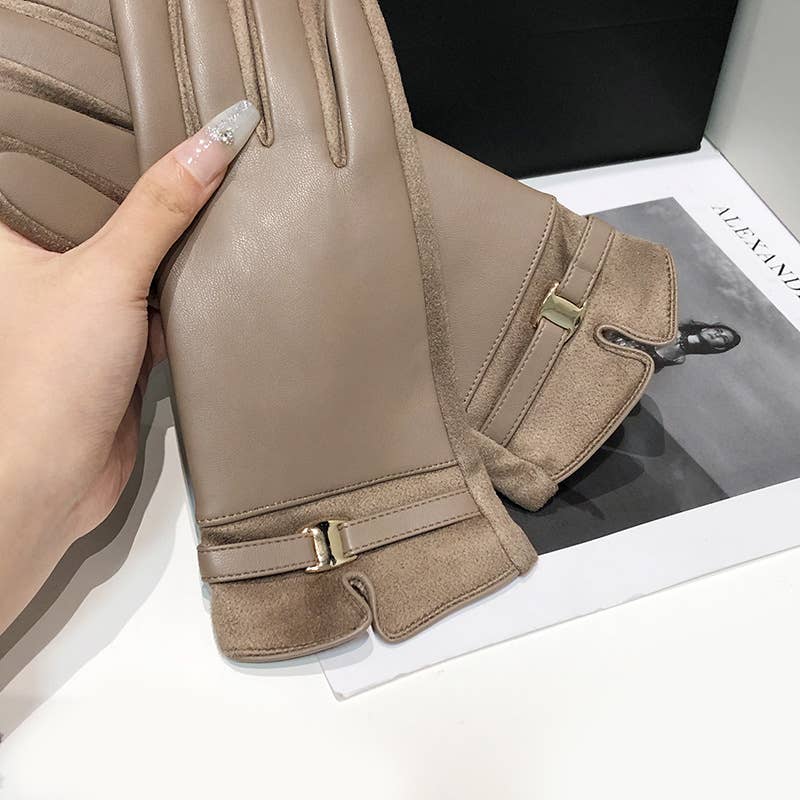PEACH ACCESSORIES - LG004 Classic Elegance PU Leather Gloves with Shiny Buckle: Beige