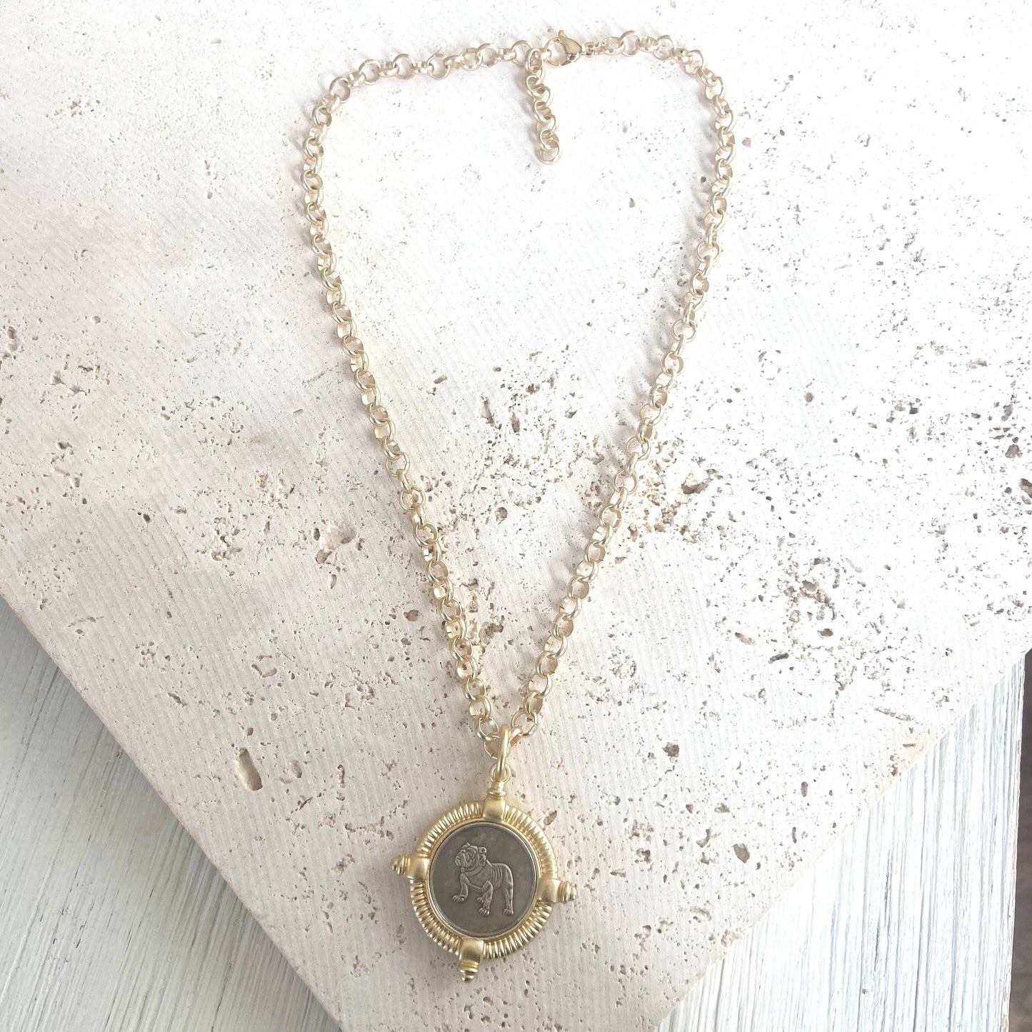 VB&CO Designs Handmade Jewelry - Bulldog necklace coin jewelry mascot pet lover dog boutique