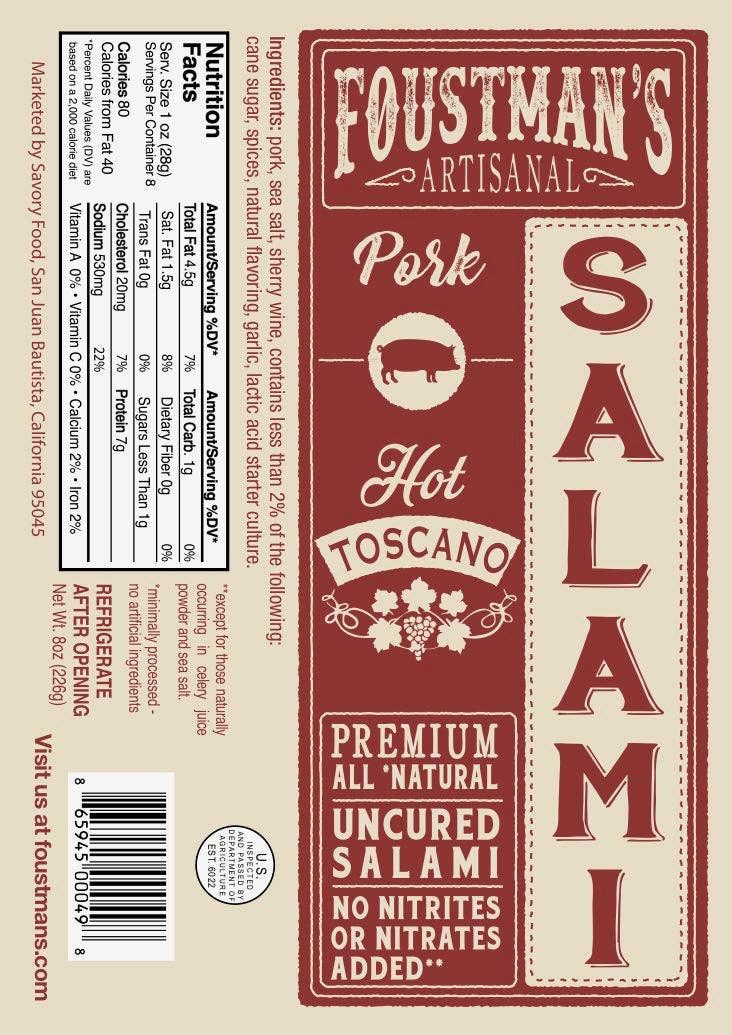 Foustman's Salami - PORK HOT TOSCANO | FOUSTMAN'S ALL-NATURAL UNCURED SALAMI