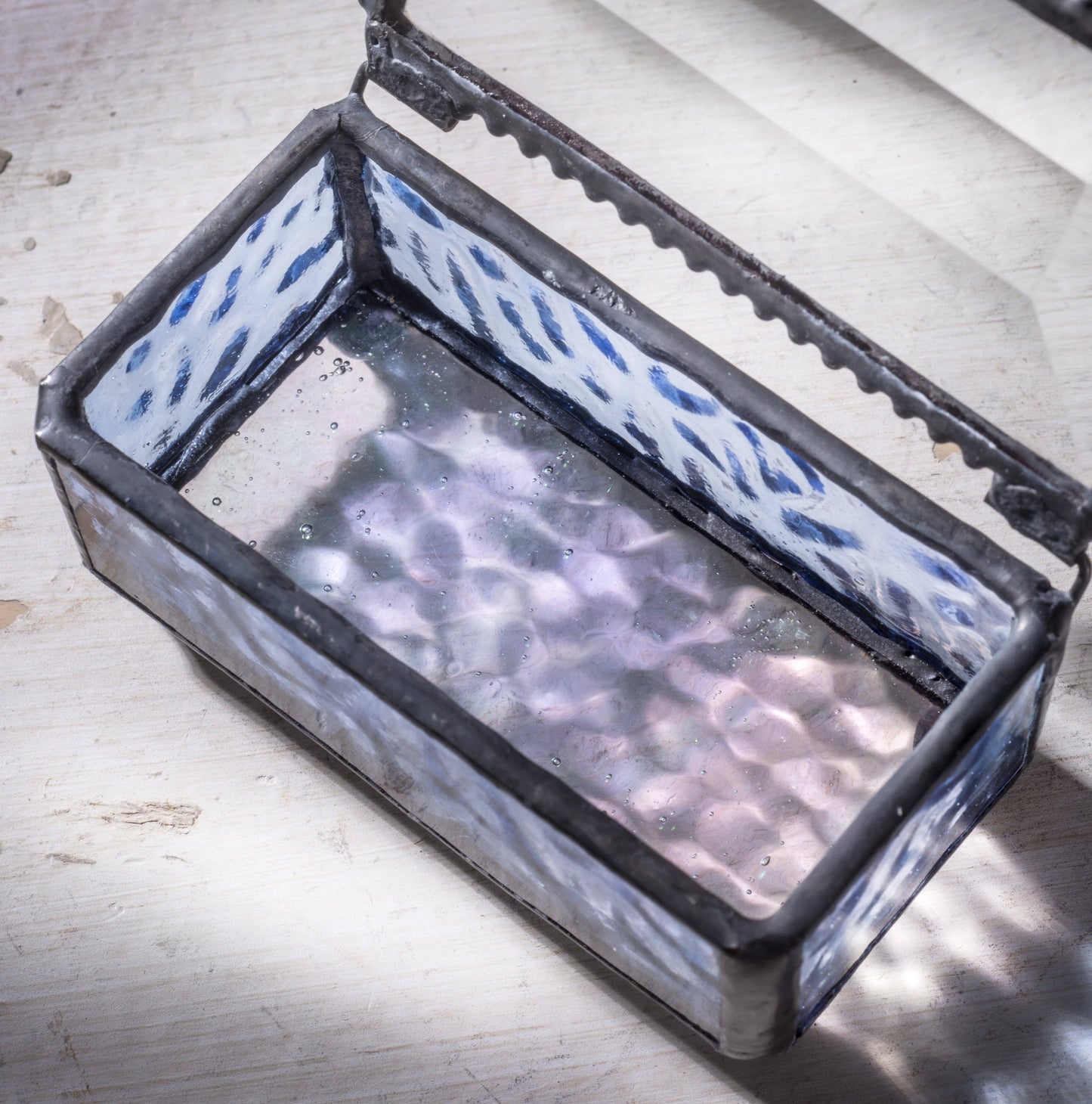 J Devlin Glass Art & Bert Anderson Collection - Blue Glass Box with Dragonfly Filigree - Box 923