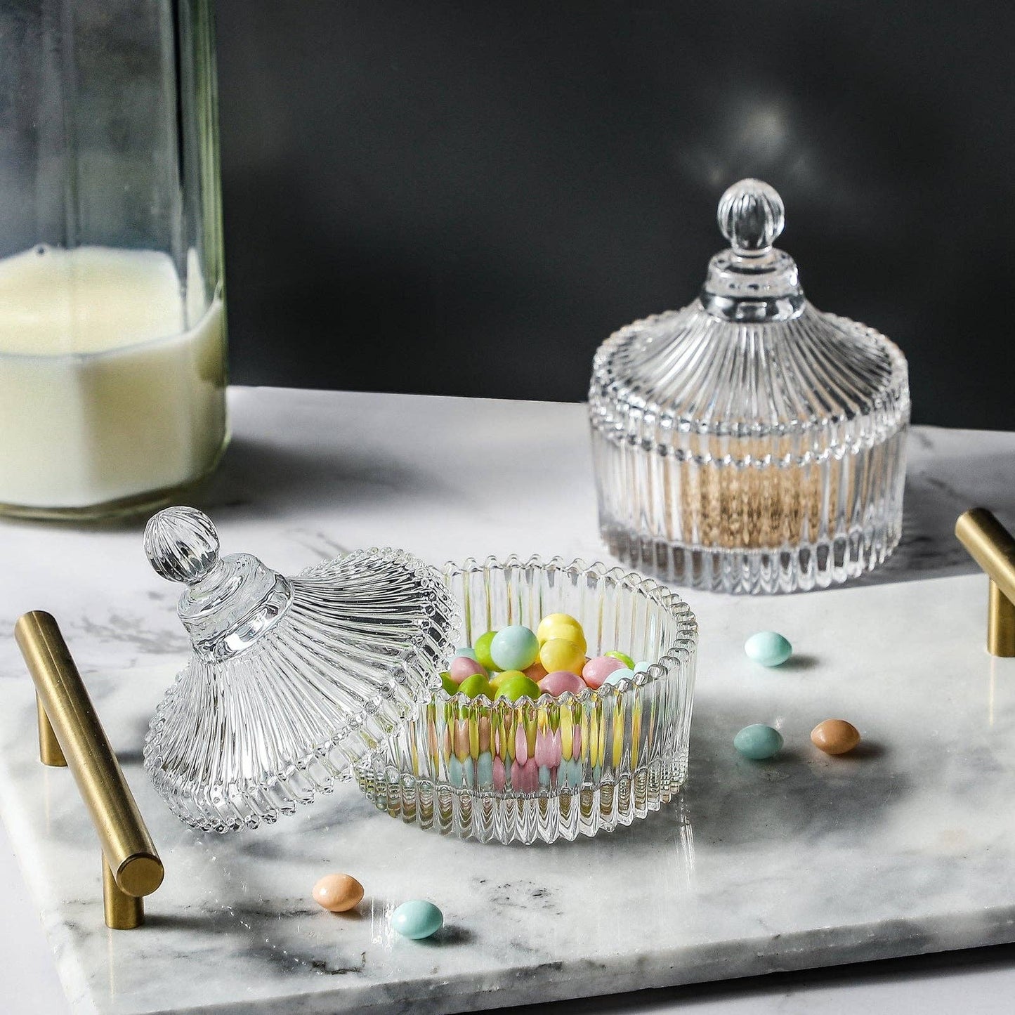 Everest Global - Crystal Clear Castle Glass Candy Jar with Lid set of 2: Ø4.1" x 4.7" H