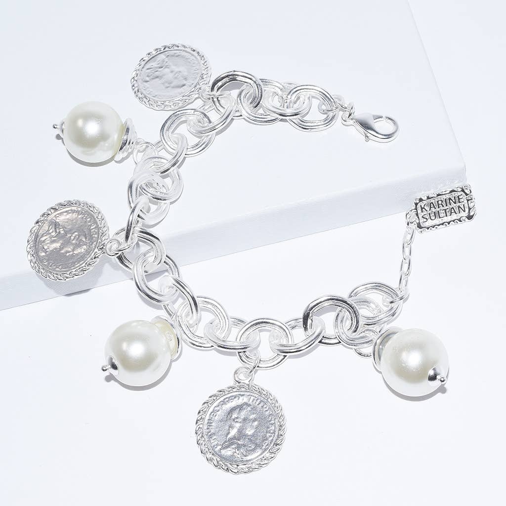 KARINE SULTAN - Chunky Link Bracelet with Pearl and Coin Charm Dangles: Gold