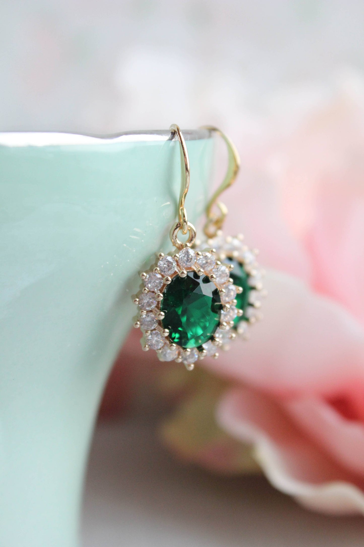 A Pocket of Posies - Emerald Green Oval Glass Earrings: Gold