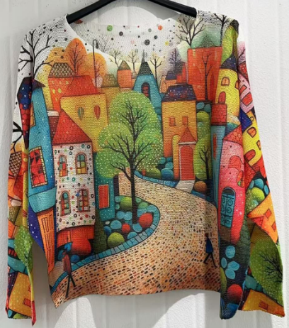 LOOWIE - COVIL White Village Round Knit Printed Sweater LOOWIE