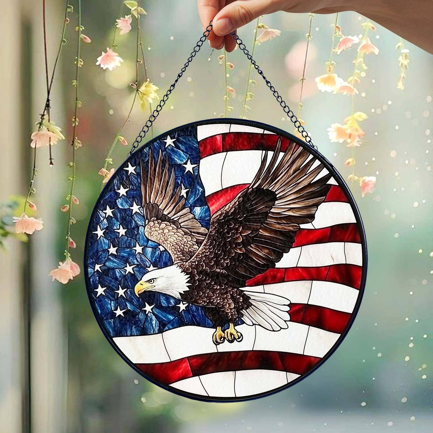 NVC Ecommerce LLC - American Flag Bald Eagle Stained Glass Suncatcher, Decor: 11.8in