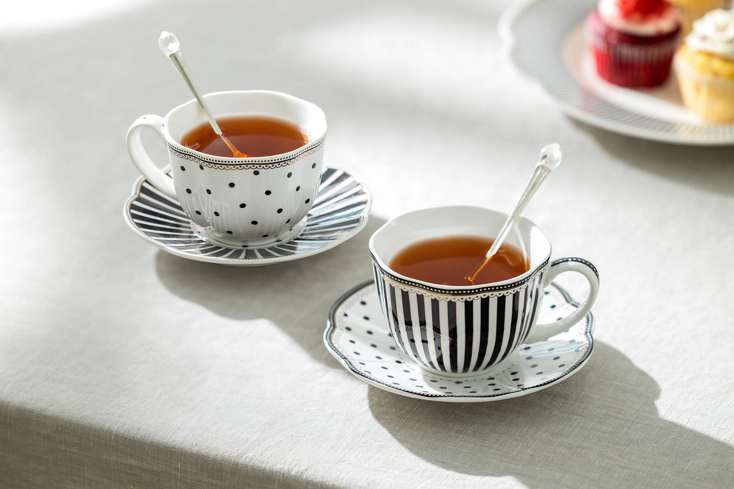 Grace Teaware - Black Josephine Stripes and Dots Fine Porcelain Cup and Saucer Sets