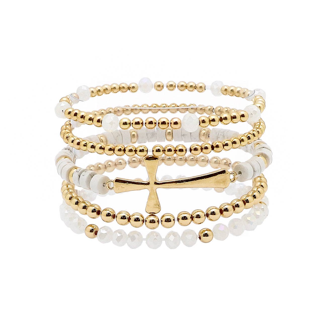 What's Hot - Set of 5 Gold, White Crystal, and Gold Cross Stretch Bracelet Set