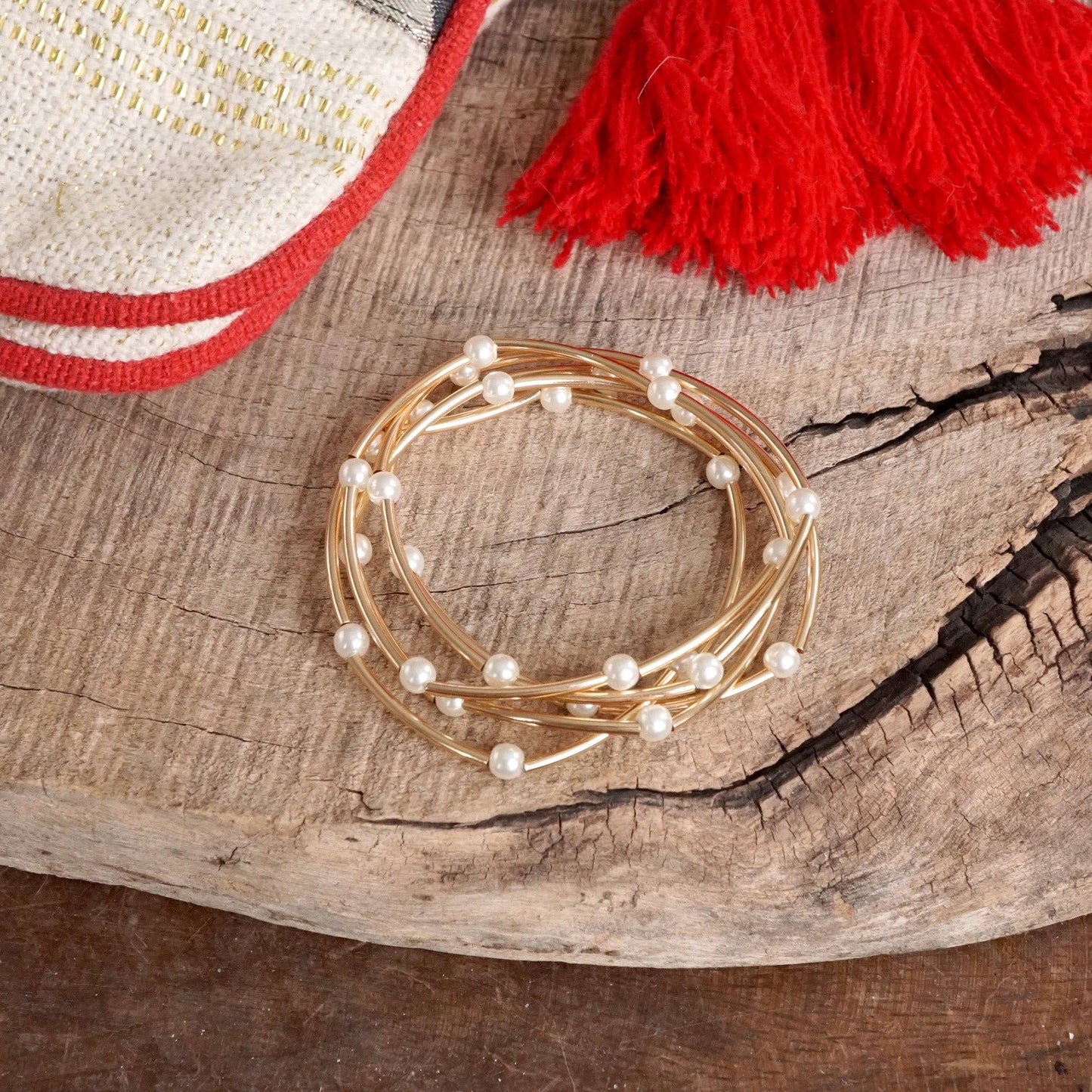 PennyLine inc - Pearls and Gold Silver Tubes classic bracelets set: Silver Tone