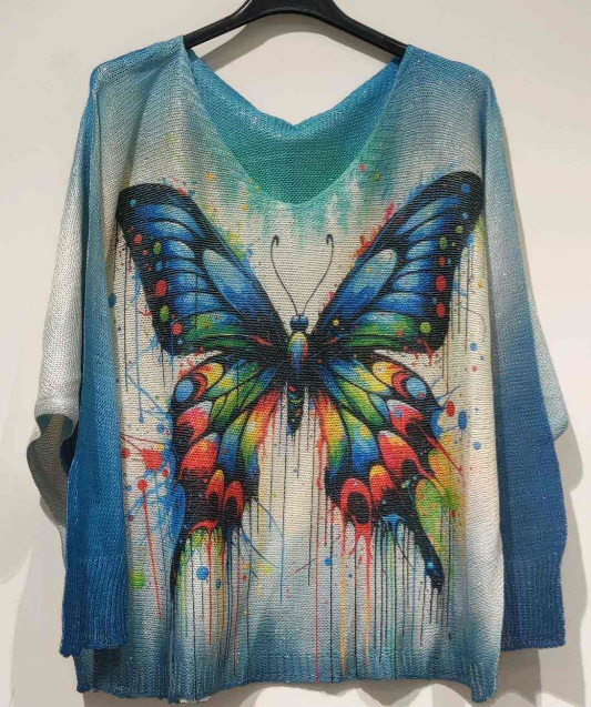 LOOWIE - POBUT Blue Butterfly Round Knit Printed Sweater LOOWIE