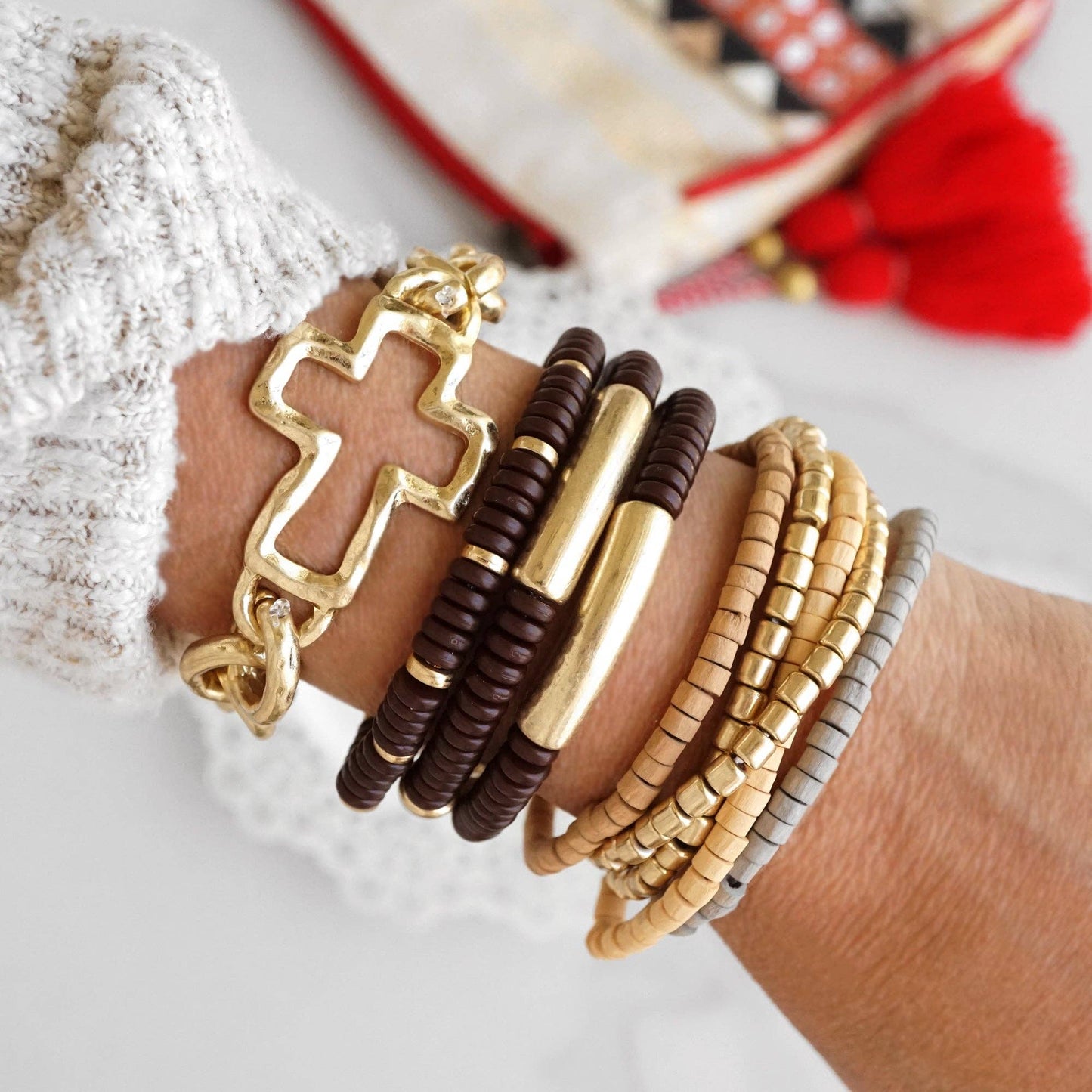 PennyLine inc - Chunky Chain Cross Bracelet Worn Gold