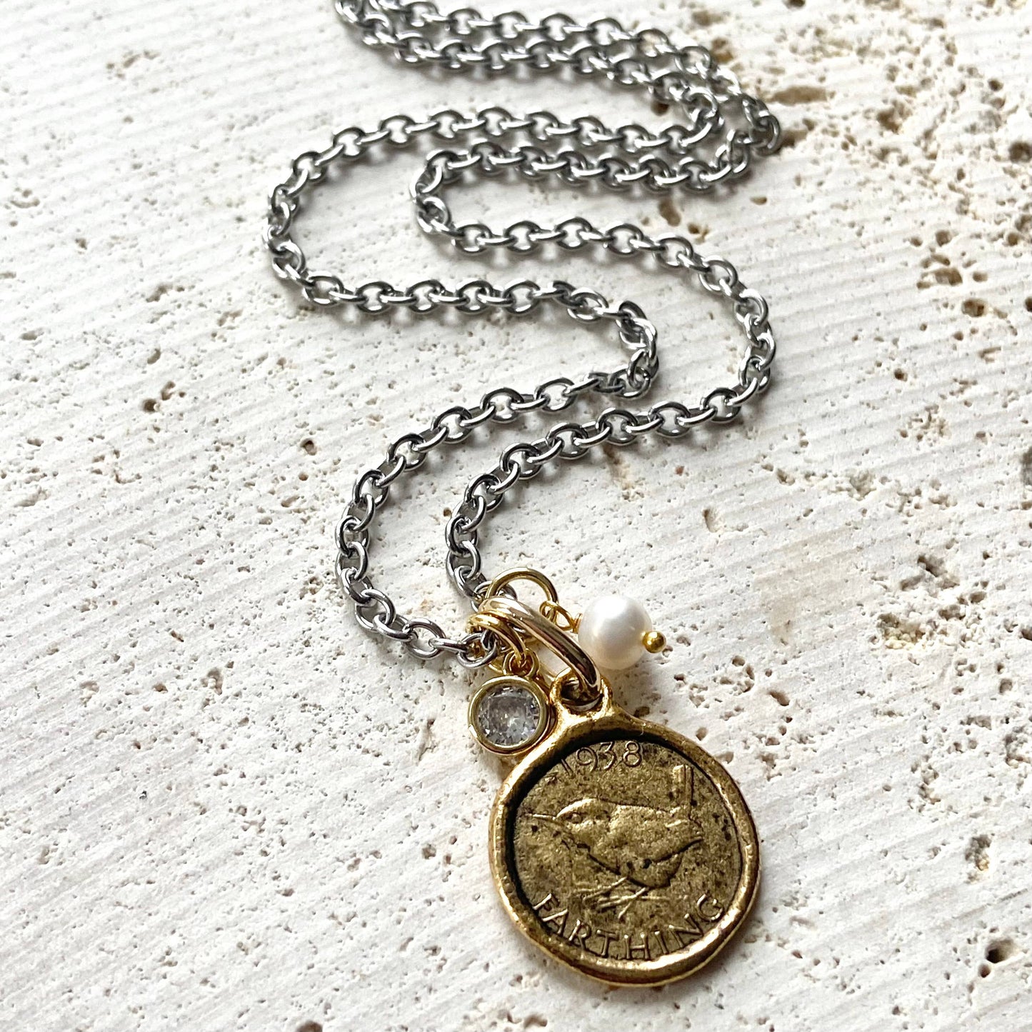VB&CO Designs Handmade Jewelry - Farthing coin necklace England English royal jewelry bird