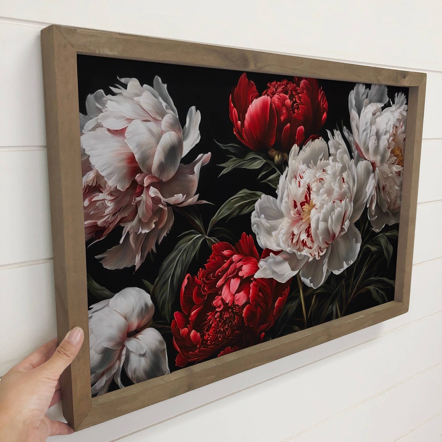 Hangout Home - White Red Peonies Dark - Peony Canvas Art - Wood Framed Art: 24x36" Extra Large Canvas Art with Thick Wood Frame