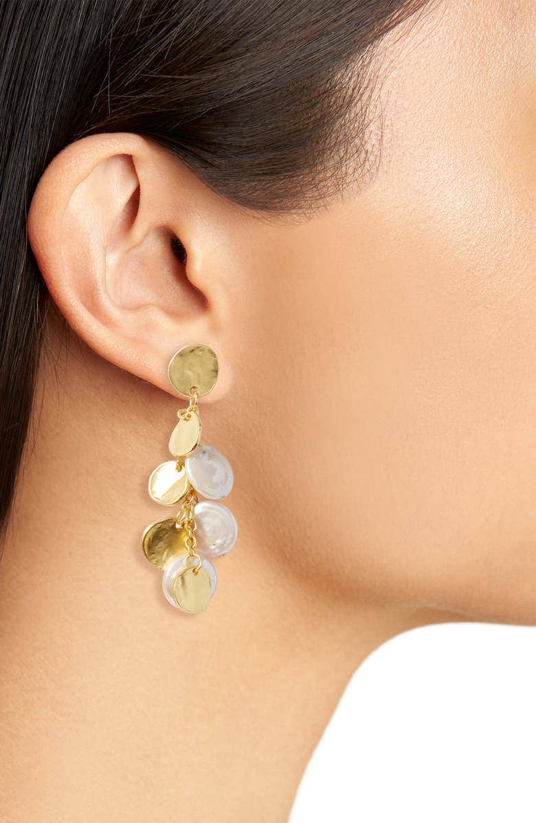 KARINE SULTAN - Coin and flat pearl chandelier drop earring: Gold