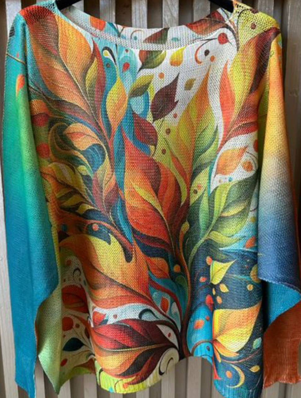 LOOWIE - VIF2 Blue Fall Leaves Round Neck Knit Printed Sweater