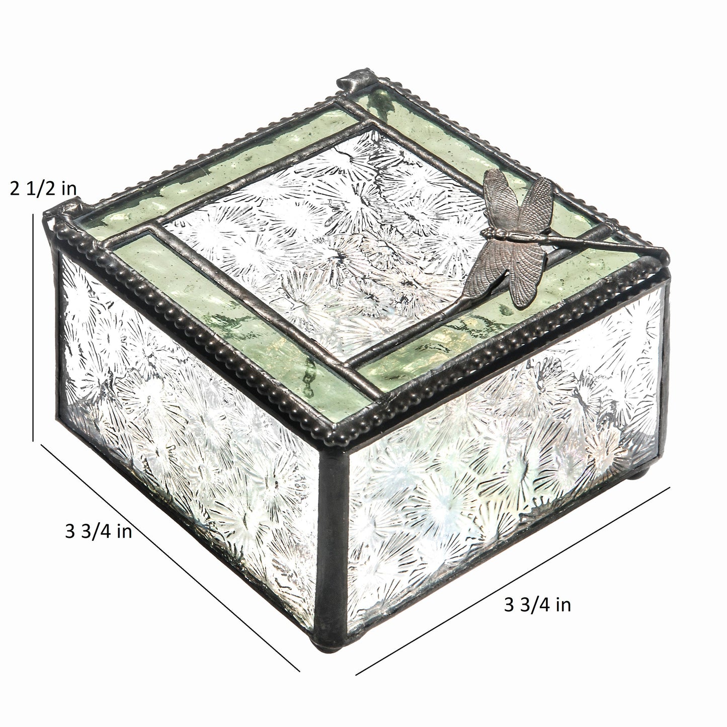 J Devlin Glass Art & Bert Anderson Collection - Green & Clear Stained Glass Dragonfly Keepsake Box 141