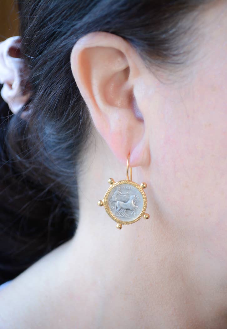 AJS Design Studio - 2 tone gold and rhodium Roman coin with chariot earring