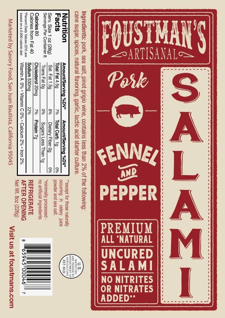 Foustman's Salami - PORK FENNEL & PEPPER | FOUSTMAN'S ALL-NATURAL UNCURED SALAMI