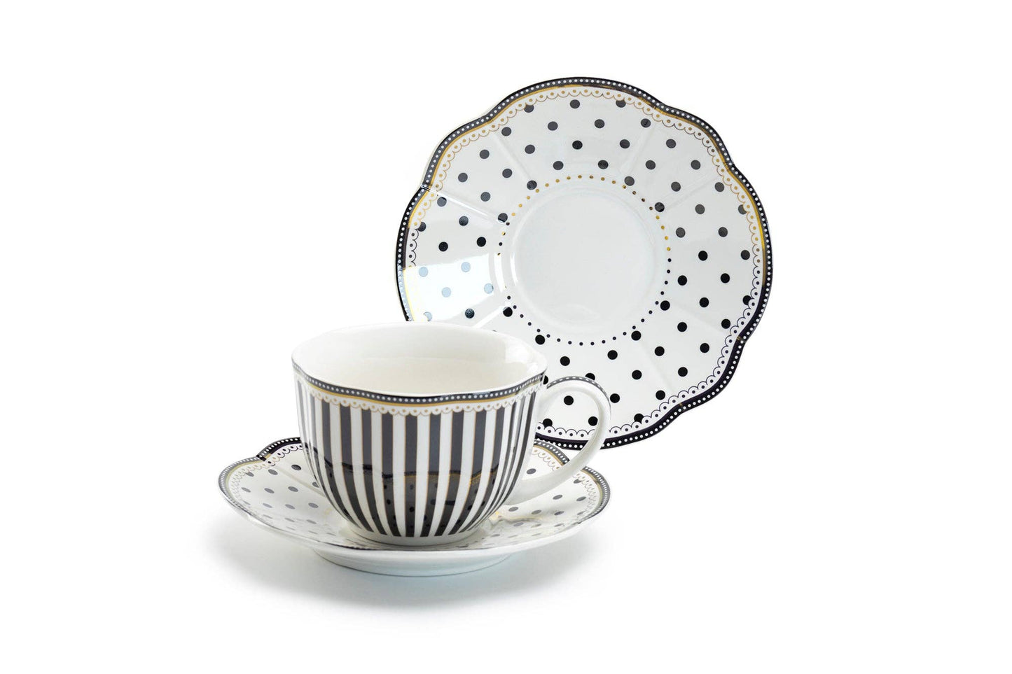 Grace Teaware - Black Josephine Stripes and Dots Fine Porcelain Cup and Saucer Sets
